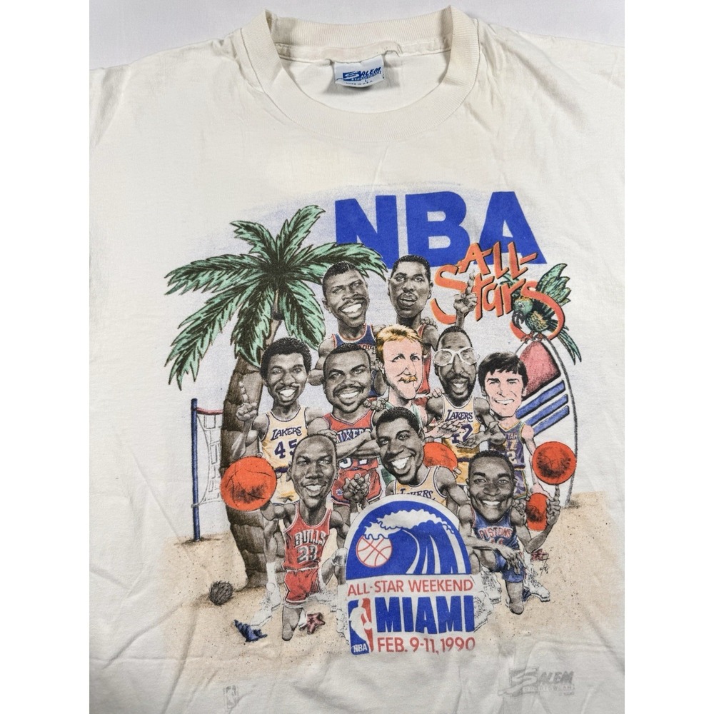 Vintage 1990 NBA All Stars Salem Caricature T Shirt Jordan Miami White Mens Sz L - Picture 3 of 13